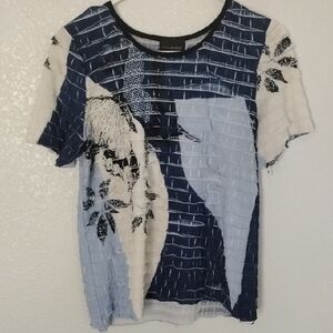 Lane Bryant Blue and White Patchwork Short Sleeve Tee